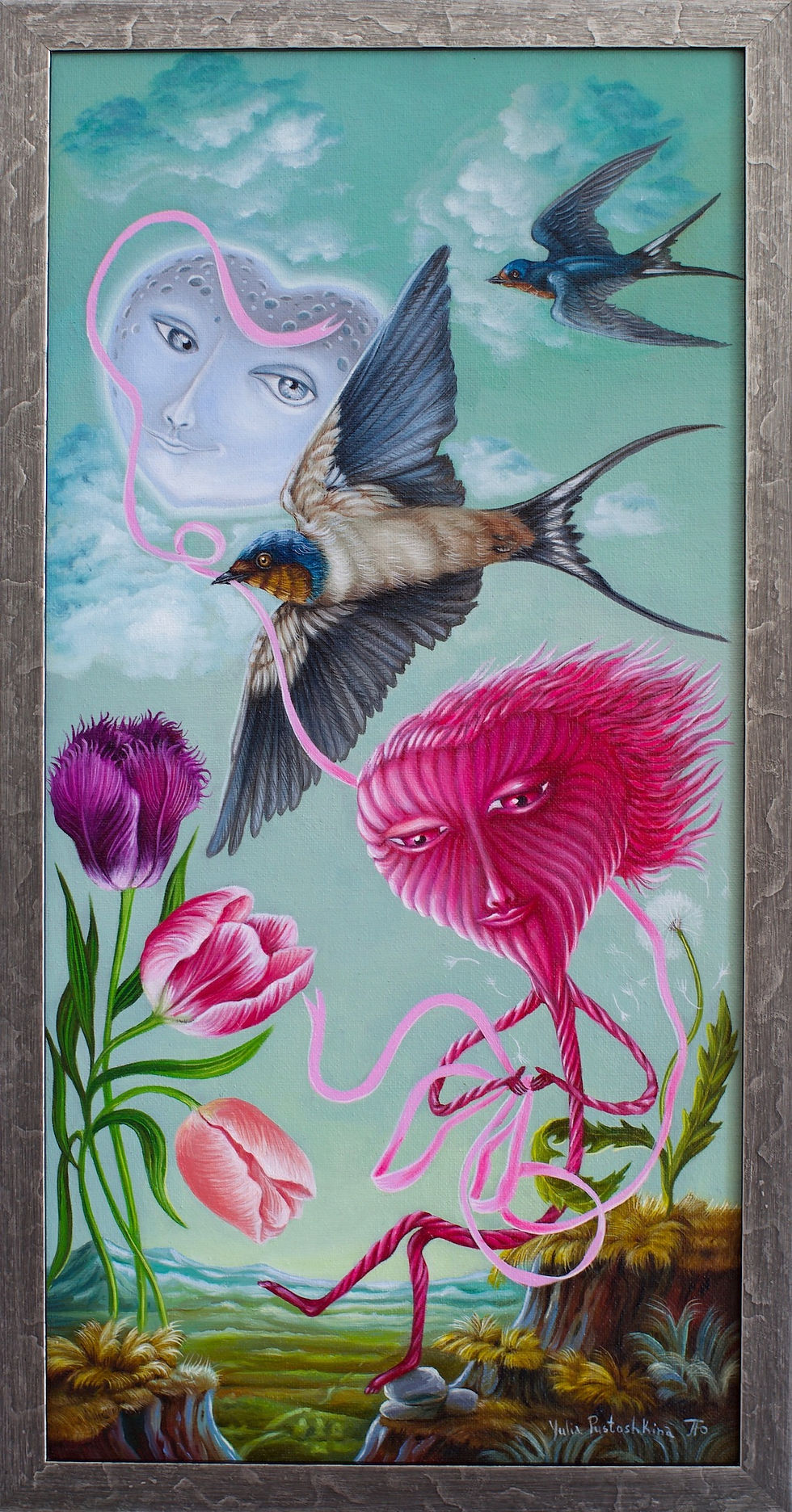 painting of a sparrow and heart surrealism style