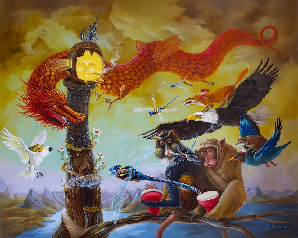 Chinese mythology of solar eclipse with red dragon swallowing the sun. Monkeys and birds beating drums. oil painting