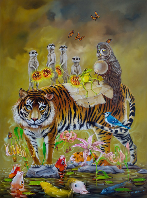 artwork painting of a tiger with other animals, koi fish pond with lilies, meercats and owl. Animal art