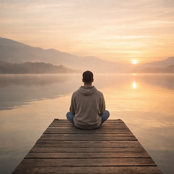 homme vu de dos assis sur le bout d'un quai face à un lac et d'un lever ou coucher de soleil