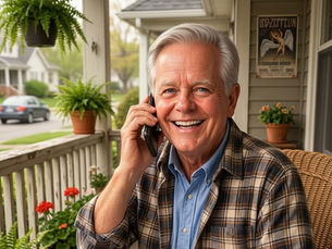 Smiling older man on a porch talks on a phone beside a May calendar, newspaper and PRESS mug; Led Zeppelin poster behind.