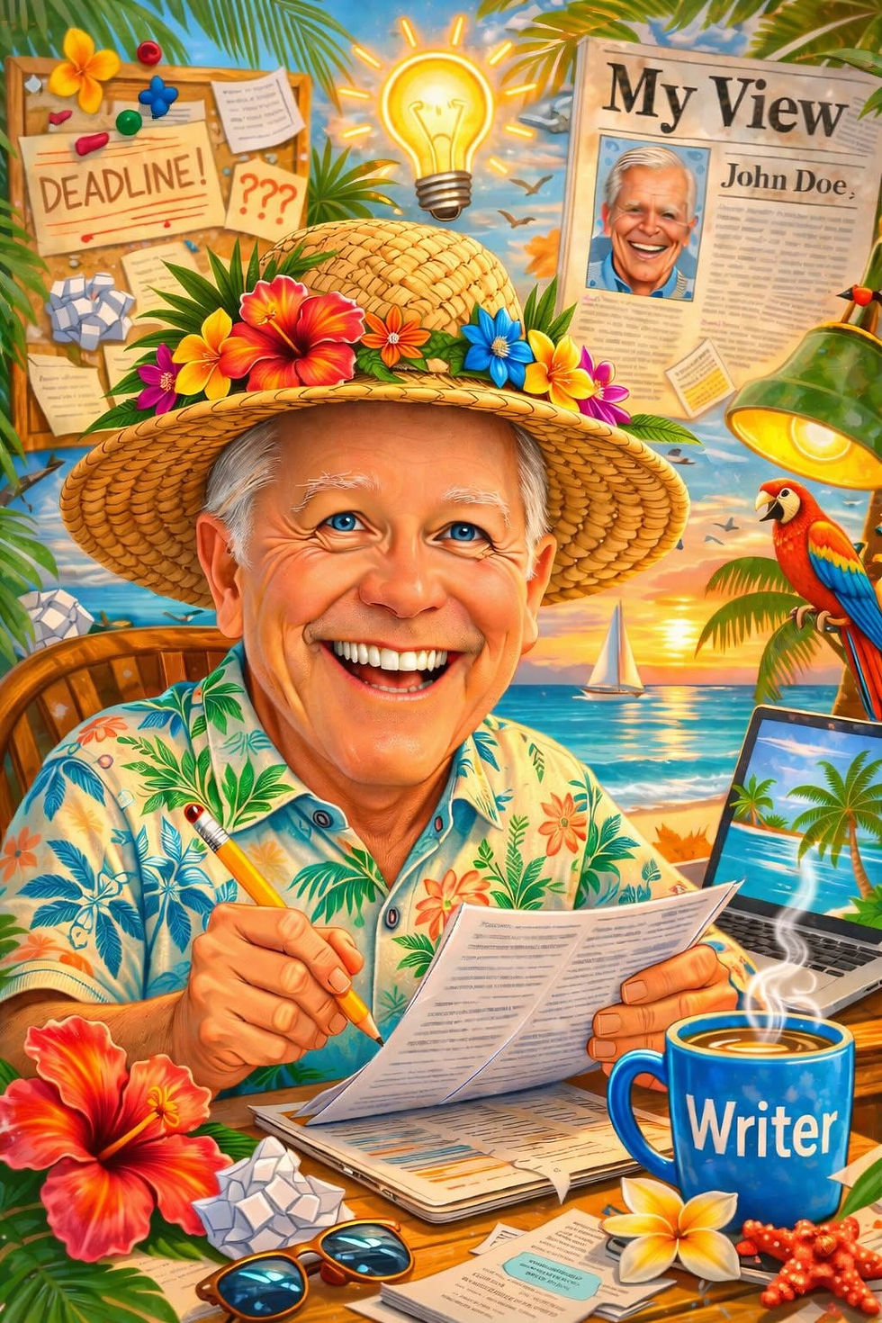 Smiling elderly writer in tropical shirt and flowered hat writes at beach desk; mug says Writer, notes say DEADLINE! and My View John Doe.