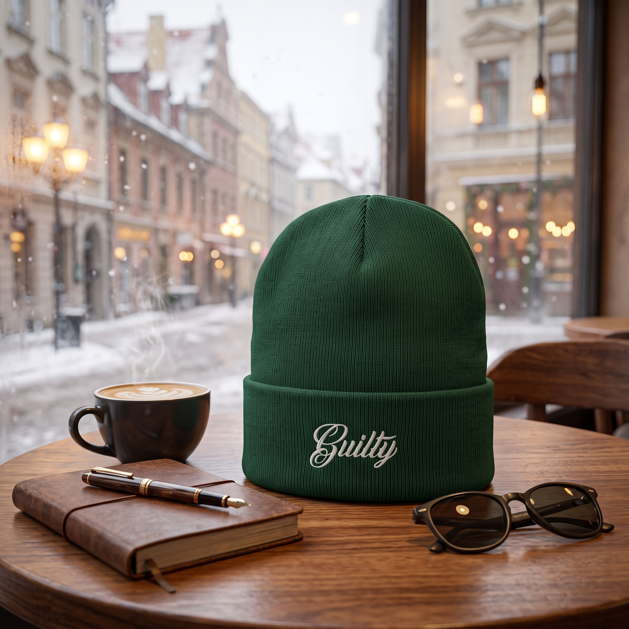 Forest Green Embroidered Beanie | Guilty Cuffed Knit Hat