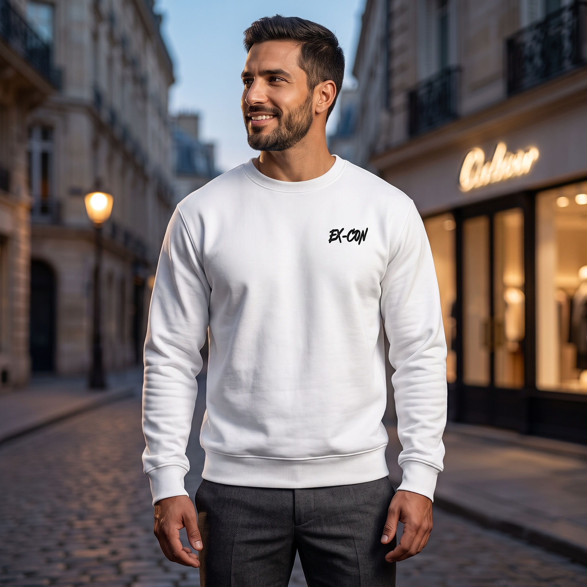 EX-CON White Premium Sweatshirt – Unisex Minimalist Streetwear Crewneck