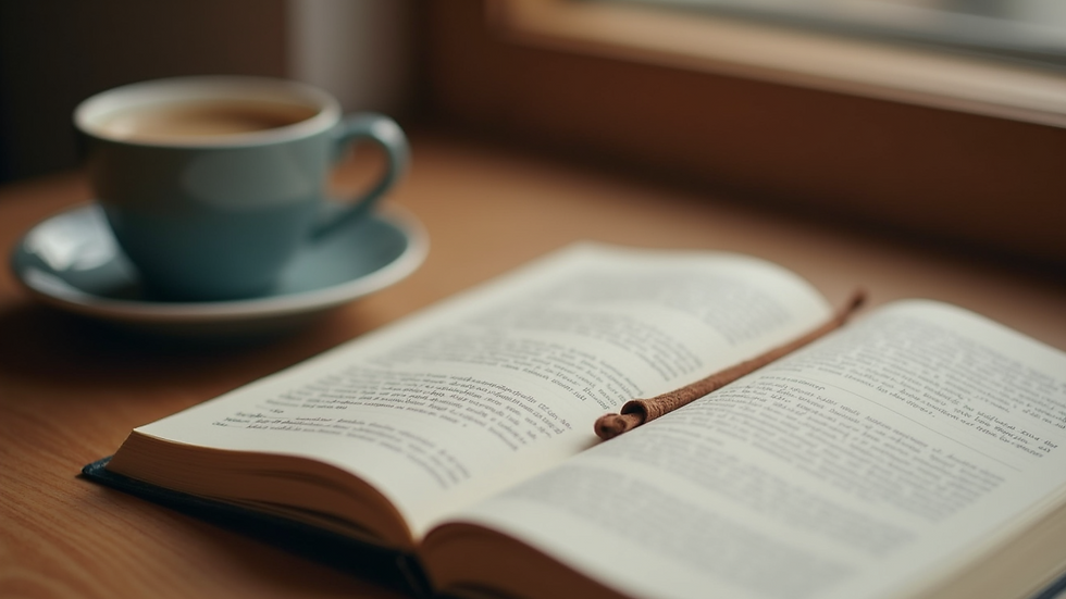 Close-up view of an open journal on a cozy table with a cup of coffee