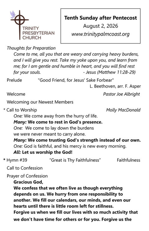 This is a graphical link showing the cover page of the Bulletin for August 2, 2026 Worship Service