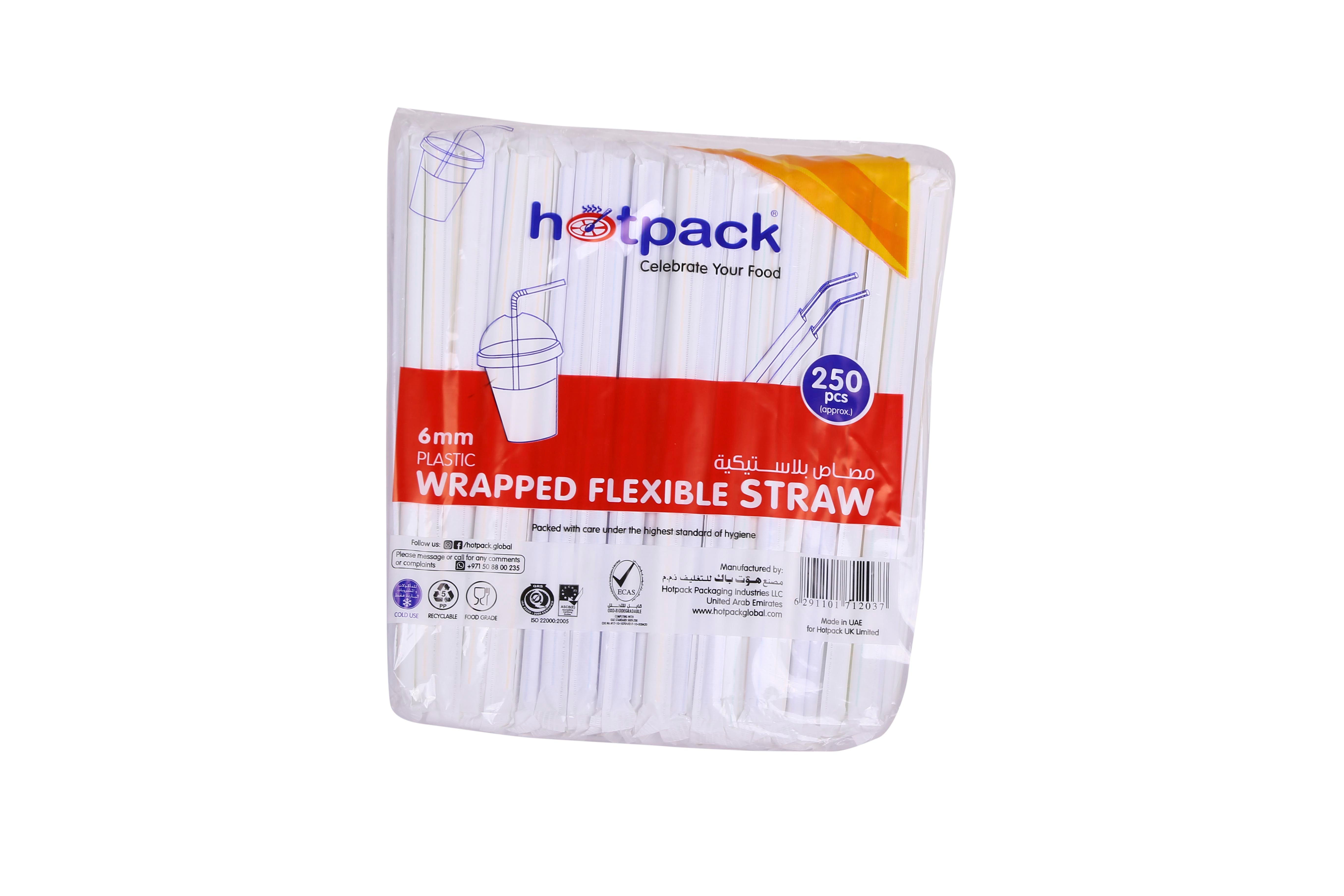 Hotpack-flexible straw 6mm, 250pcs Wrapped