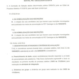 Homologação e errata do Processo Seletivo (editais 04/2019 e 03/2019, respectivamente)