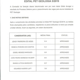 SAIU O RESULTADO DO PROCESSO SELETIVO DO PET GEOLOGIA 2019/02