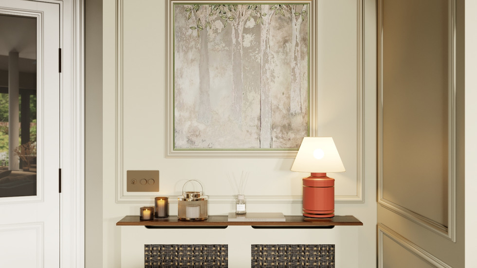 a room with a lamp and a painting on the wall