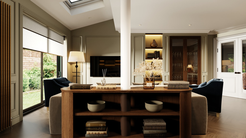 a living room with a shelf full of books including a stack of miller harris