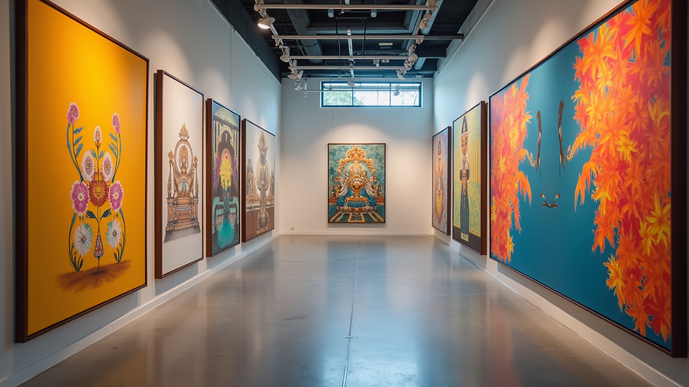 Eye-level view of a vibrant art installation showcasing various artistic styles