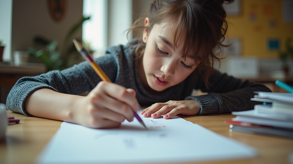 Eye-level view of a student working on a creative project