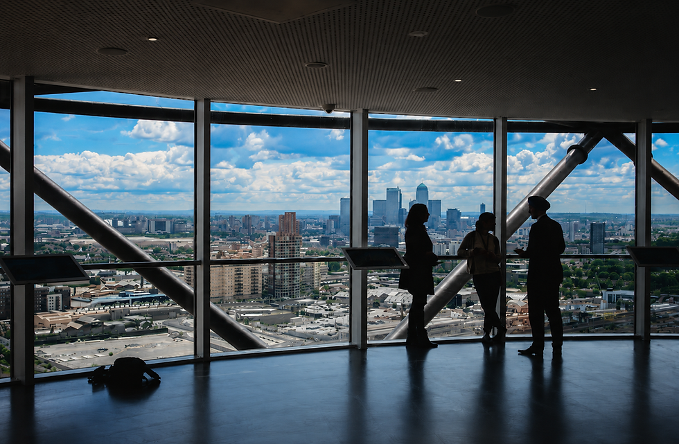 People at a property investment consultancy viewing a city.
