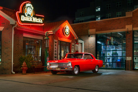 Nova Chevy Professional photos in front of vintage gas station
