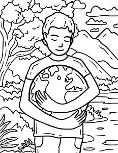 Image of a colouring page showing a boy standing in a forest cuddling the planet Earth