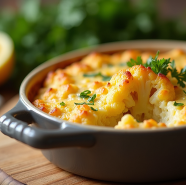 A cCeramic disk filled with cauliflower cheese