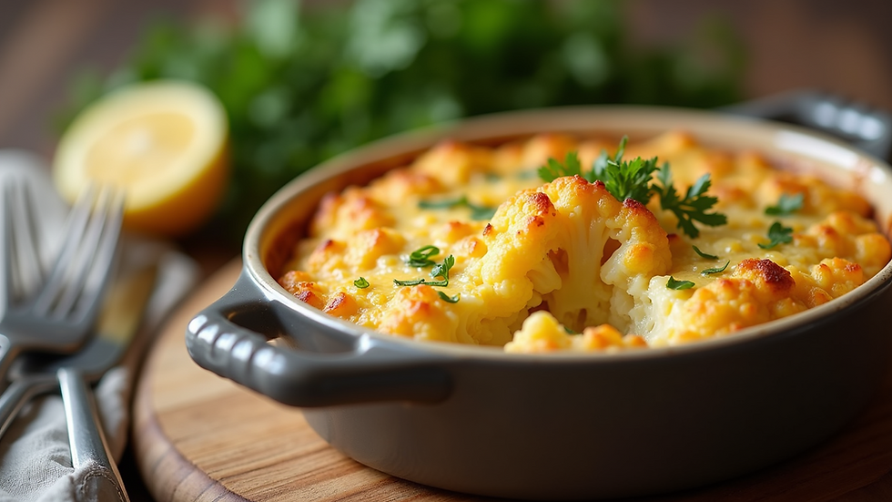 Close-up view of baked cauliflower cheese in a ceramic dish