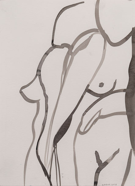 ink, acrylic, and charcoal on paper - abstract image, shapes conjoining with negative space, with two human forms leaning against each other