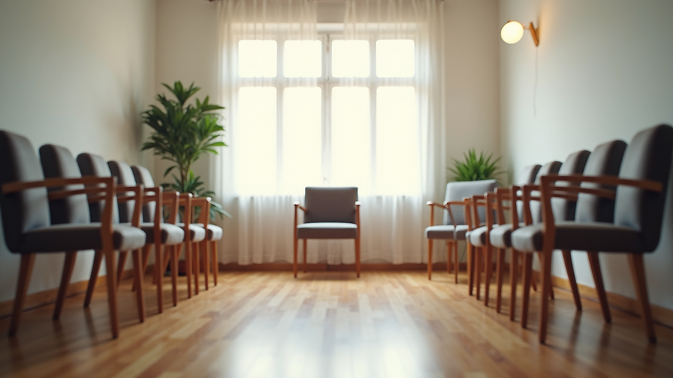 Eye-level view of a calm therapy room with chairs arranged in a circle
