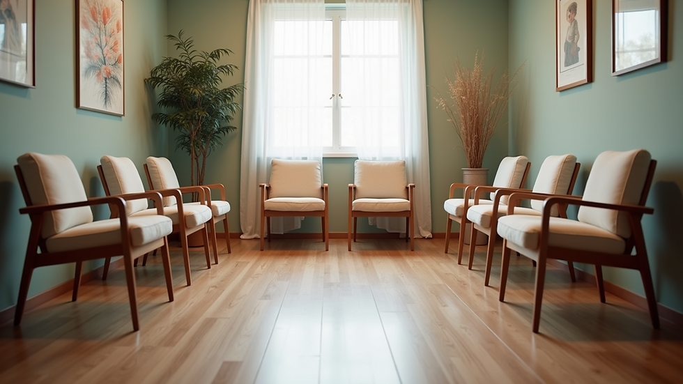 Eye-level view of a calm therapy room with comfortable chairs arranged in a circle