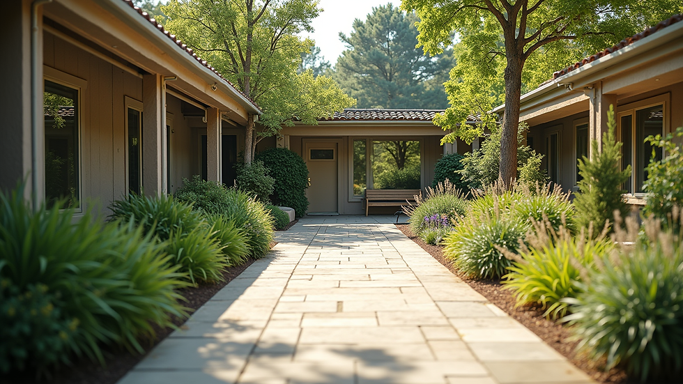 Wide angle view of a peaceful outdoor garden area at a rehab center