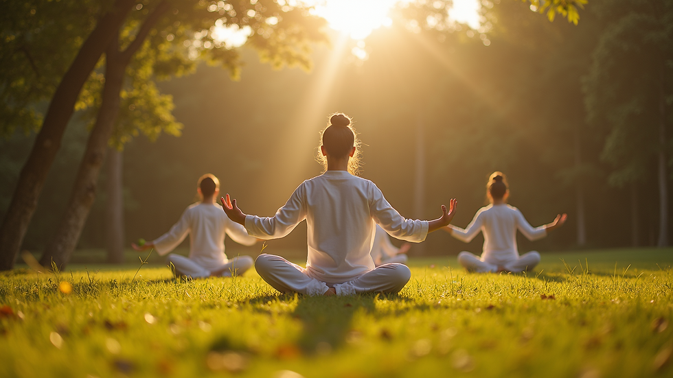 Eye-level view of a Qi Gong session in a tranquil outdoor setting