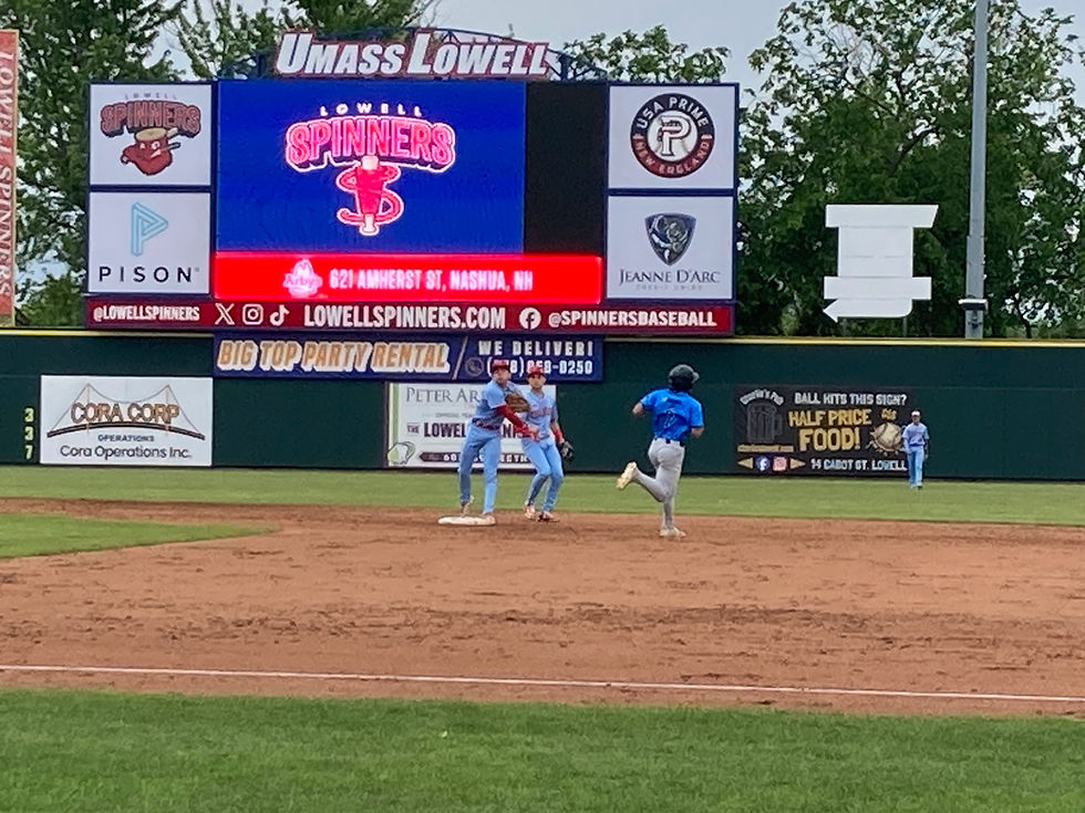 Spinners Turn a Double Play at LeLacheur Park. Photo by Paul Baker, Stadium Journey.