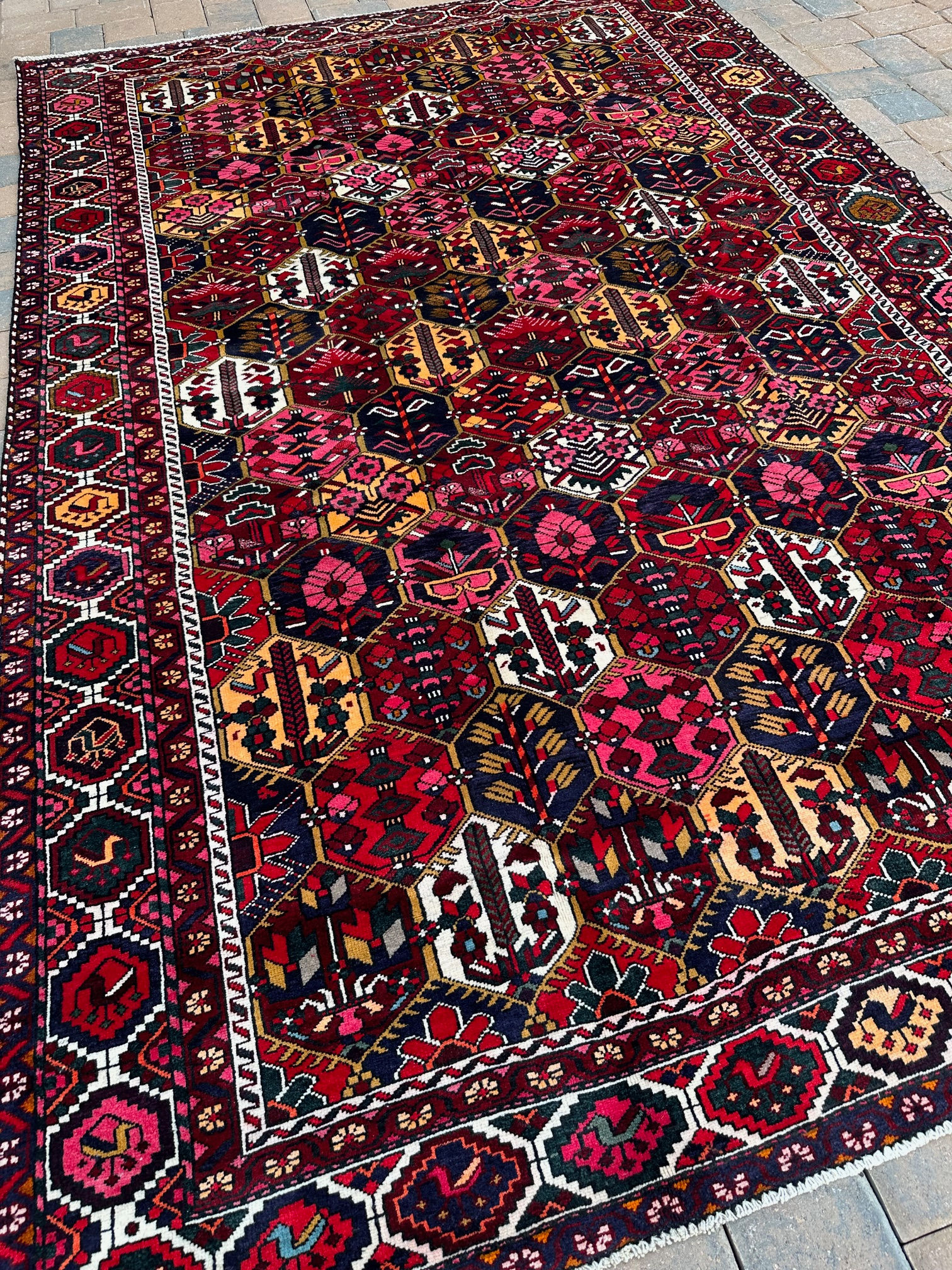 Handmade Vintage Persian Bakhtiari, Four Seasons Design, Light Distress