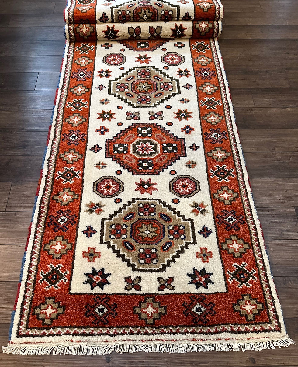 Thumbnail: Handmade Brand New Ivory & Orange Indian Runner, Tribal Kazakh Design