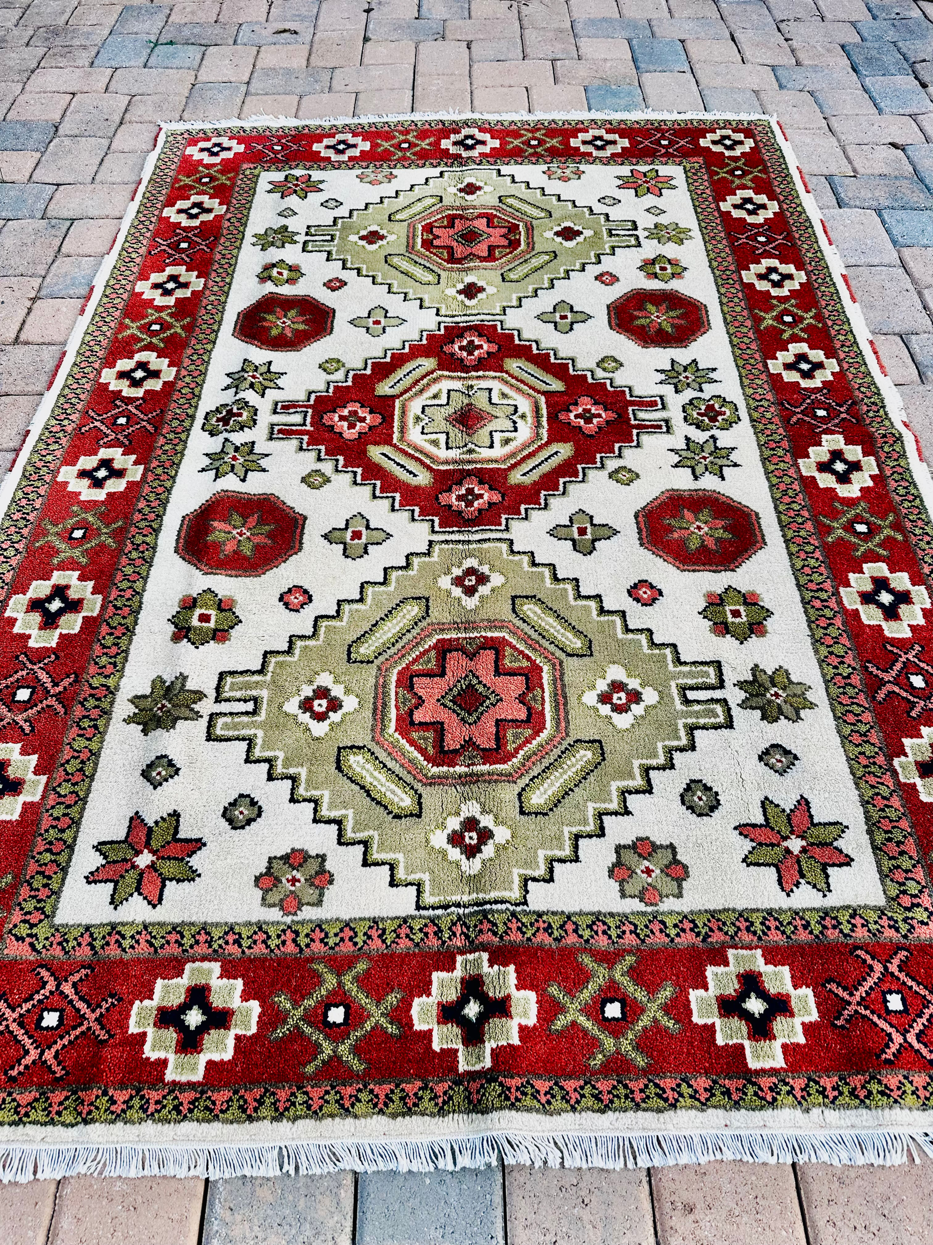 Handmade New Cinnamon & Green Rug, Kazakh Design