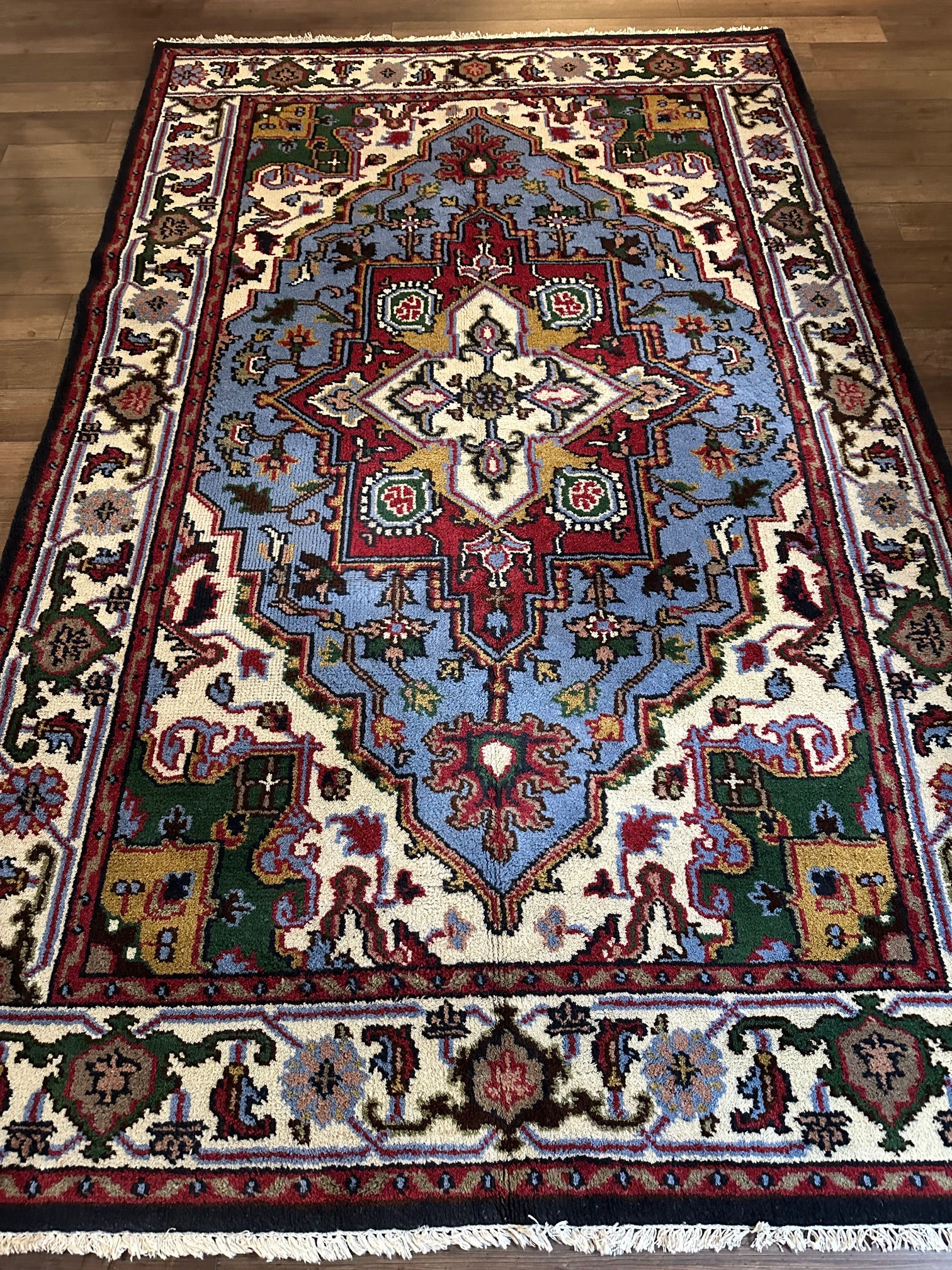 Contemporary Blue & White Rug, Persian Heriz Design, Handmade in India