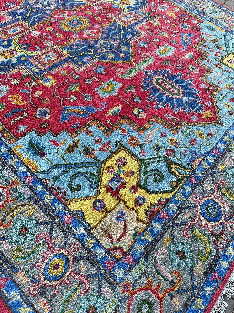 Thumbnail: Colorful Contemporary Persian Heriz Design Rug, Handmade in India