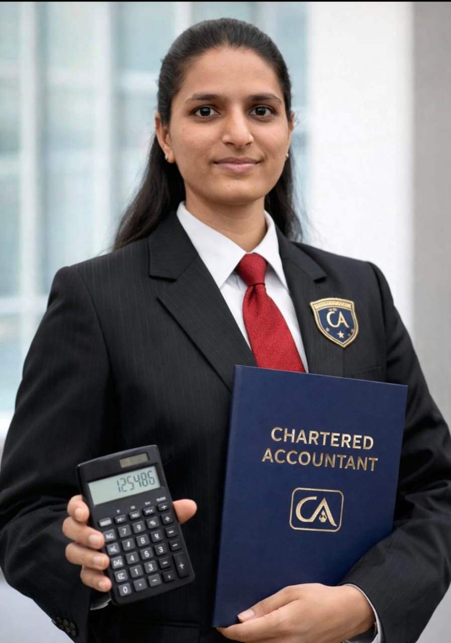 Smiling woman in suit with Chartered Accountant folder and calculator