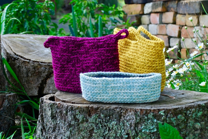 collection of crochet baskets