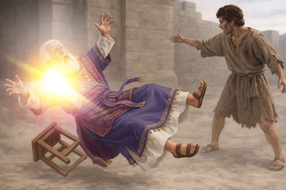 Kutoka Nyumba ya Eli hadi Kuhani Mwaminifu — Hukumu Inapokuwa Tumaini . Mzee akiwa na joho la zambarau anaanguka kando ya kiti baada ya mng'ao mkali kumulika. Mvulana katika mavazi ya zamani anashangaa. Mandhari ya ukuta wa jiwe.