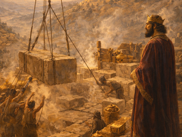 a textless cinematic biblical illustration of 2 Chronicles 3 showing Solomon beginning to build the temple on Mount Moriah, the hill of remembered mercy. Emphasize the sacred geography of the place: a chosen mountain in Jerusalem, workers raising great foundation stones, cedar and gold materials being brought upward, and Solomon overseeing the work with solemn reverence. Let the image communicate that this is not merely an architectural project, but a sanctuary rising where God once provided mercy and stayed judgment. Ancient Near Eastern atmosphere, warm morning light, dust and stone texture, richly detailed realism, reverent and weighty mood, no modern objects, no text, no watermark.