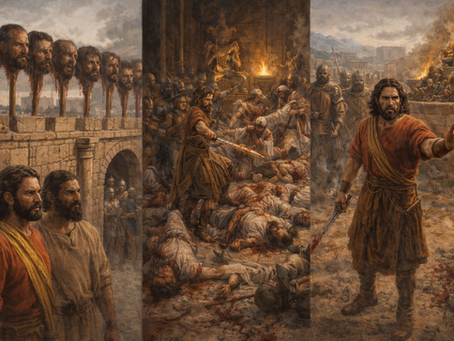 Wanaume wamesimama mbele ya vichwa vilivyowekwa kwenye miti, nyuma ni mandhari ya mawe. Kati ni jumba la kifalme na askari. Wanaume wamejawa na hasira.