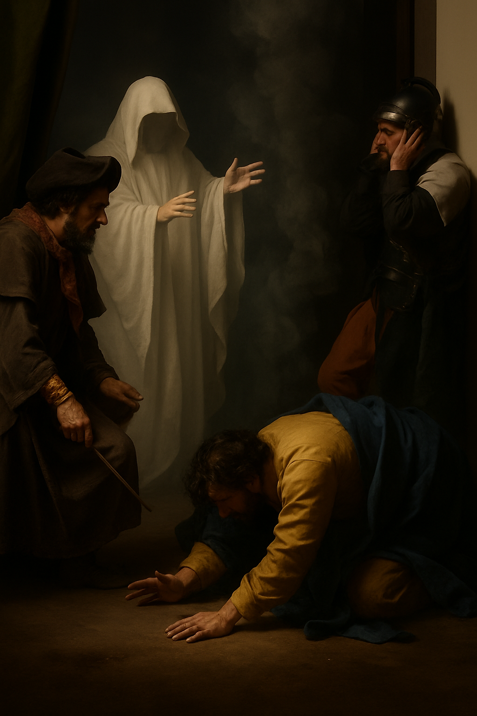 Analysis of 1 Samuel 28 — Voices in the Night and Heaven’s Silence: When a King Trades Prayer for a Ghost. Four men in dramatic scene; one in white shrouded, one kneels, others watch with fear. Dimly lit, smoky background, expressions tense.