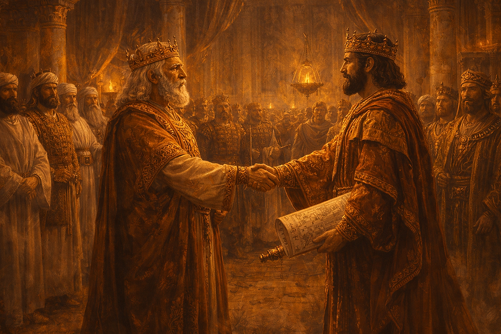 A majestic biblical illustration of 1 Chronicles 28: David in old age standing before the leaders of Israel, princes, priests, officers, mighty men, and royal sons gathered in solemn assembly, while he places the future into Solomon’s hands; the image should communicate that the deepest transfer is not merely political succession but the handing on of holy calling, sacred responsibility, and the pattern for the house of God; ancient Near Eastern atmosphere, warm royal and temple light, cinematic realism, richly detailed, textless.