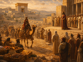 a textless cinematic biblical illustration of 2 Chronicles 9 showing the Queen of Sheba arriving in Jerusalem to test Solomon with hard questions. Show her royal caravan entering the city with camels, spices, gold, and precious stones, while Solomon’s court stands in ordered dignity before the palace and temple. Let the image communicate that this is more than diplomacy: the nations are being drawn toward God-given wisdom shining through the son of David. Ancient Jerusalem setting, richly detailed realism, warm desert light, regal yet reverent atmosphere, no modern objects, no text, no watermark.