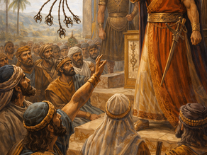 A king in ornate robes addresses a crowd, holding a multi-tailed whip. The crowd appears tense. Background shows palm trees and a palace.