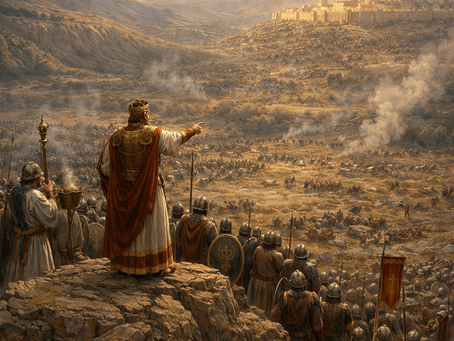a textless majestic biblical matte-painting illustration of 2 Chronicles 13 showing the aftermath of Judah’s victory over a stronger northern force, with the sense that the Davidic lamp still burns on a contested hill. Show the battlefield clearing, Judah preserved though smaller and pressured, Jerusalem and the temple implied as the enduring sacred center, and the mood carrying both triumph and humility. Let the image communicate that this is not victory through human brilliance alone, but the preservation of covenant witness through reliance on the Lord. Epic scale, richly detailed ancient landscape, solemn but hopeful light, no text, no modern features, no watermark.