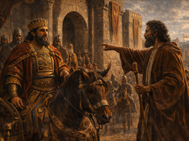 a textless sacred fine-art biblical painting inspired by 2 Chronicles 19, focusing on Jehoshaphat appointing judges throughout Judah and charging them to judge not for man but for the Lord. Show judges gathered in reverent attention, the king speaking with seriousness, and a subtle visual sense that a greater heavenly throne stands above all earthly judgment. Let the image communicate that justice in the land is not merely civic administration, but sacred responsibility carried out under the gaze of God. The mood should feel holy, judicial, and deeply reverent. Painterly texture, symbolic realism, luminous sacred atmosphere, ancient Judah setting, no text, no modern elements, no watermark.