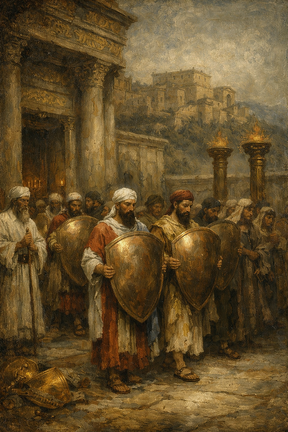 a textless sacred fine-art biblical painting inspired by 2 Chronicles 12, focusing on the moment after Shishak has plundered Jerusalem and Rehoboam replaces Solomon’s gold shields with bronze shields. Show temple and palace attendants carrying bronze shields in formal procession, with the memory of lost gold implied through faded grandeur and diminished splendor. Let the image communicate that the outward form of glory remains, but its weight has thinned—that sin can preserve appearances while hollowing the center. The mood should feel mournful, reflective, and theologically charged rather than merely historical. Painterly texture, symbolic realism, ancient Jerusalem setting, no text, no modern elements, no watermark.