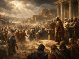 Ramani ya ufalme wa Israeli na Yuda. Israeli imechorwa njano, Yuda nyekundu. Bahari ya Mediterania upande wa kushoto.