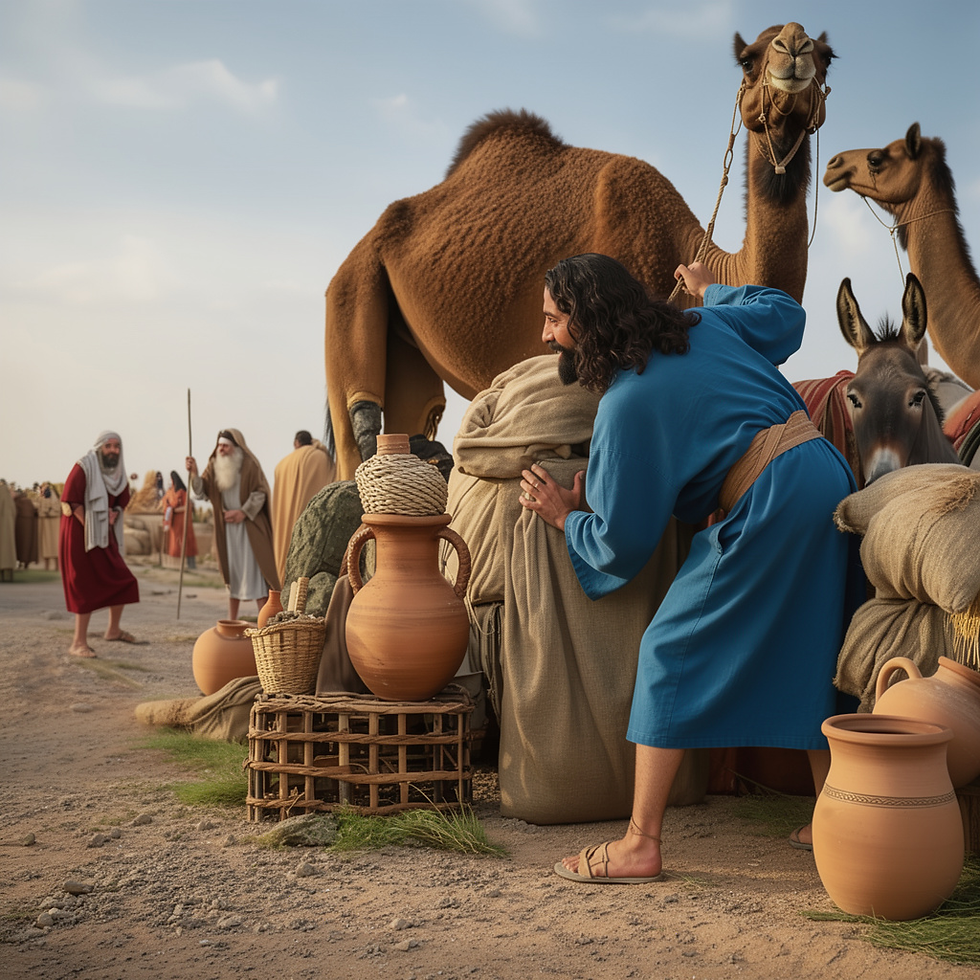 Analysis of 1 Samuel 10 — Oil, Signs, and a Spirit‑Rushed Heart: When the Anointed One Hides Among the Baggage. Man in blue tunic leans over baskets and jars beside a camel and donkey in a desert setting. People in robes gather in background.