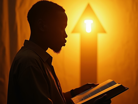 Silhouette of a person reading a book, illuminated by an orange light shaped like an arrow pointing up, creating a contemplative mood.