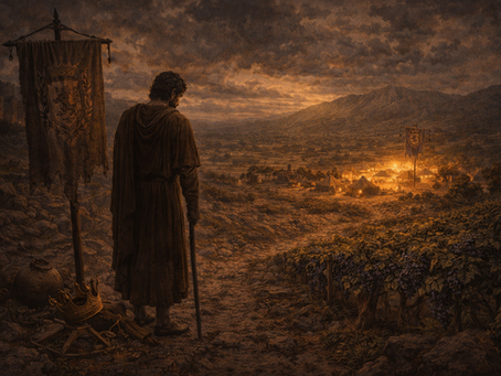 A symbolic biblical scene of inheritance forfeited through inner failure: a firstborn figure standing near a dimmed family banner and fading inheritance symbols, while another lineage in the distance is quietly illuminated; the image should communicate that collapse begins not first at the city gate, but in the hidden moral life of a household; solemn, sacred, emotionally weighty, painterly realism, textless.