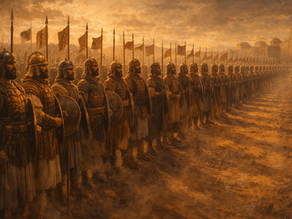 A reverent biblical illustration of the twelve monthly military divisions of Israel, each under its appointed leader, arranged in disciplined succession; the image should communicate that strength in God’s kingdom is not wild force but shared responsibility, measured service, and peace guarded by order; ancient military setting, warm dust and sunlight, cinematic realism, textless.